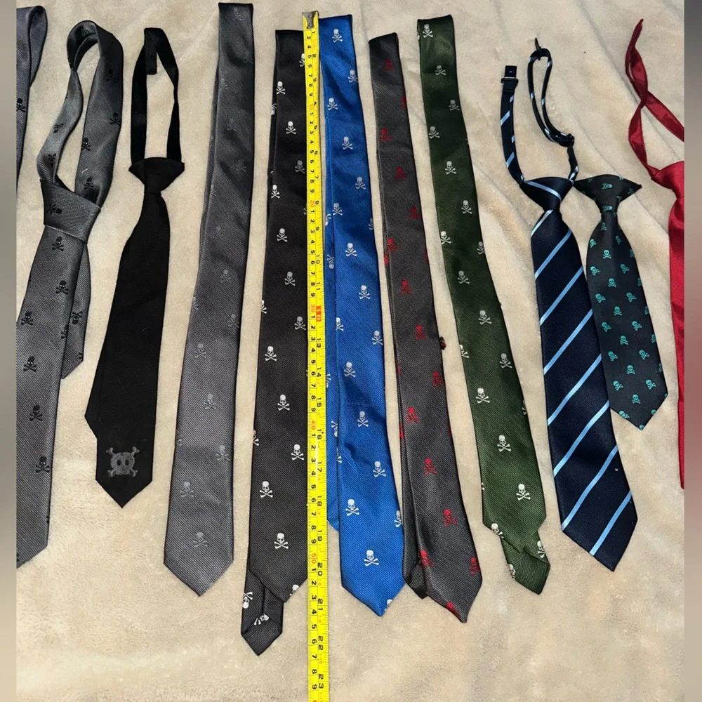 13 youth kids ties clip on, regular skulls gray, black blue red green teal